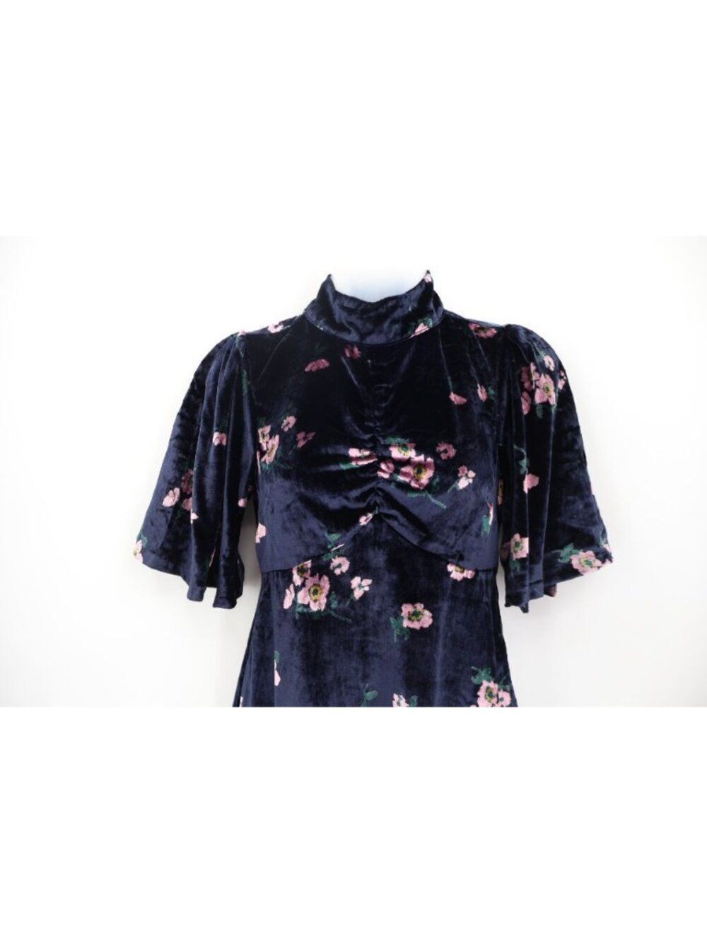 Free People Be My Baby Velvet Mini Dress Size 0 Navy Floral Print Flutter Sleeve - Picture 5 of 16